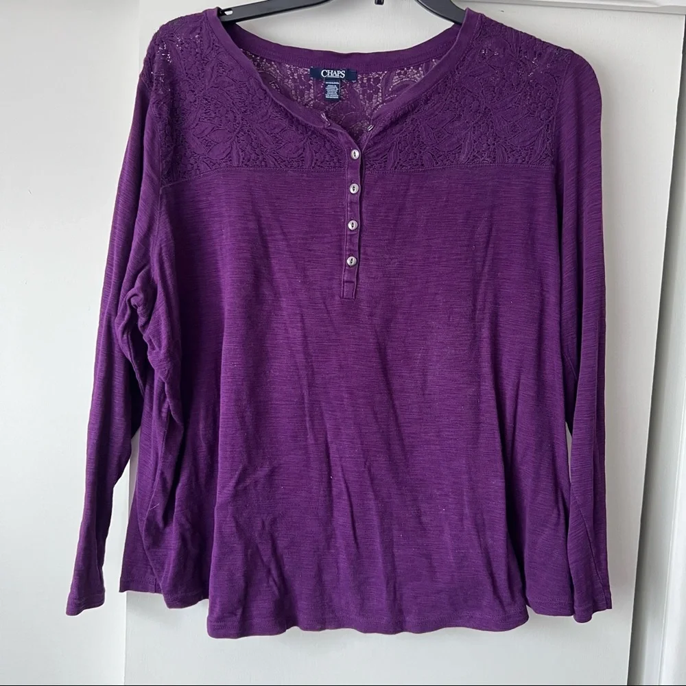 Deep purple long sleeve henley shirt with lace shoulder and neck line - Picture 1 of 4